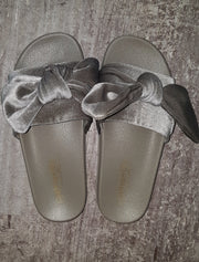 Grey Velvet Bow Slipper Slides