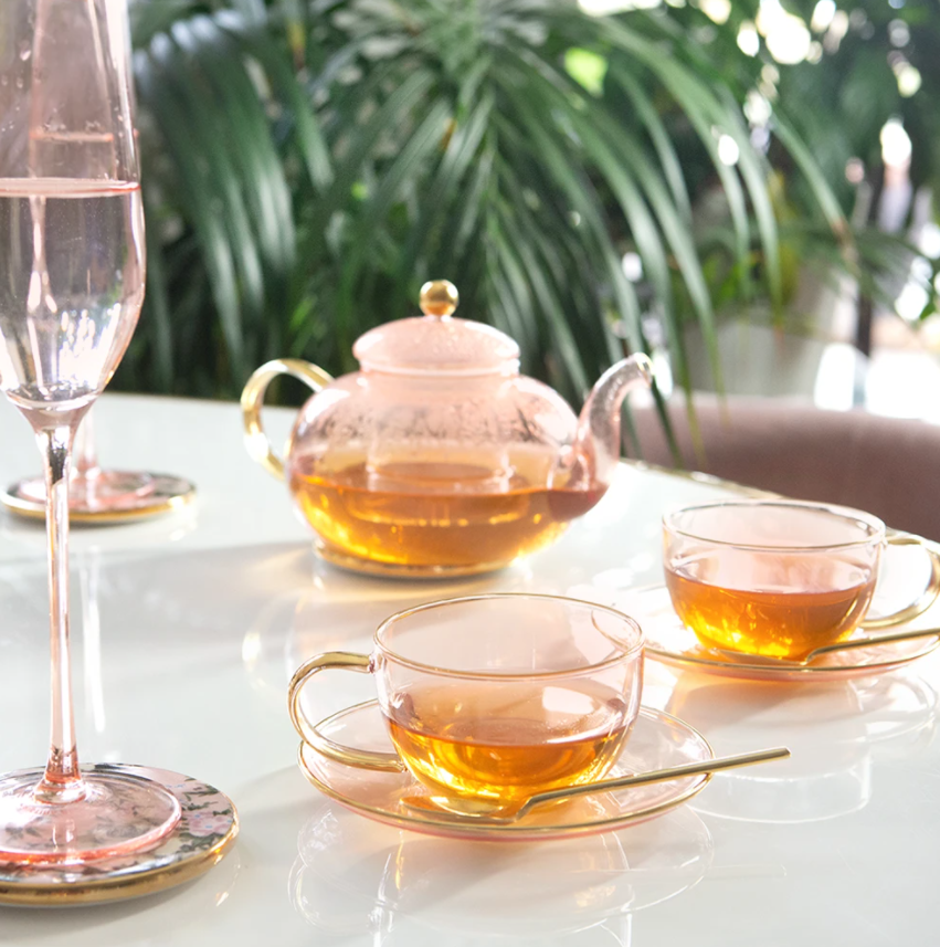 Rose Glass Teacup and Saucer Set of 2