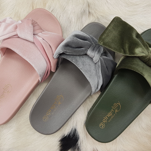 Grey Velvet Bow Slipper Slides
